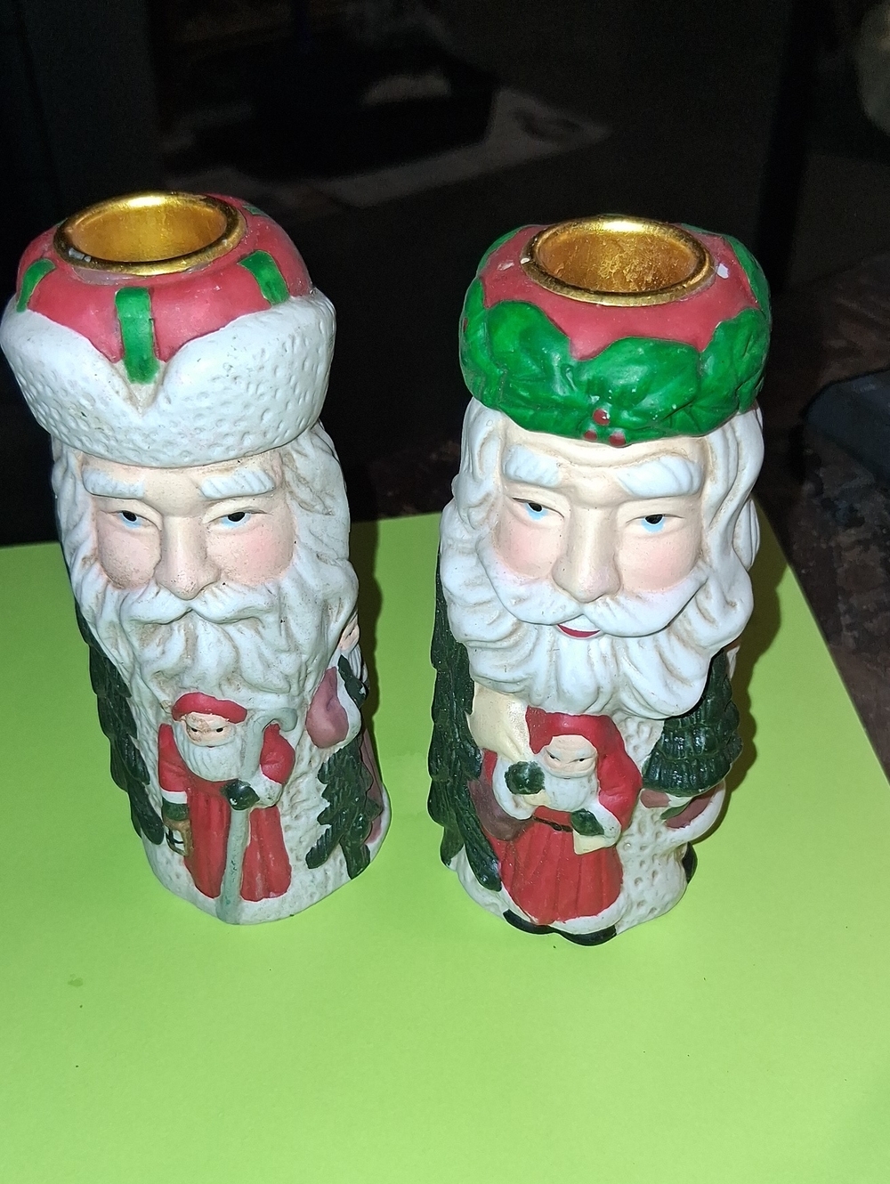 Vintage Santa Set Of 2Figurine Candle Holders - Red, Green, White -(SKU AB1)